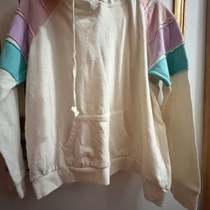 Pink Rose Cream Hoodie with Pink and Teal Accent Stripes